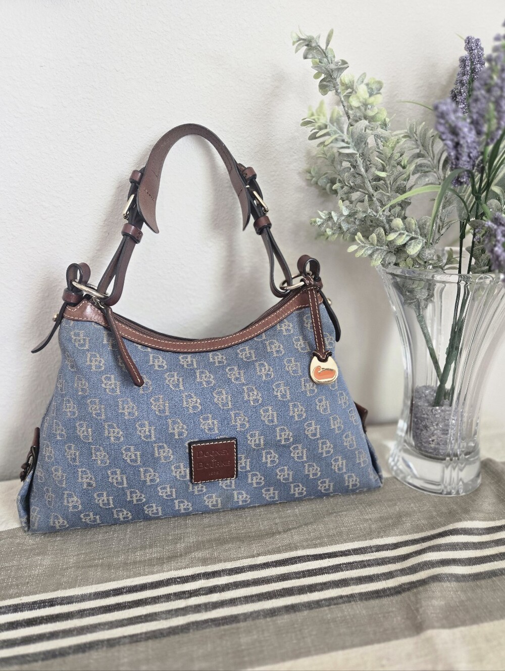 Dooney & Bourke Blue Denim Logo Hobo with Brown Trim, Medium East/West Slouch